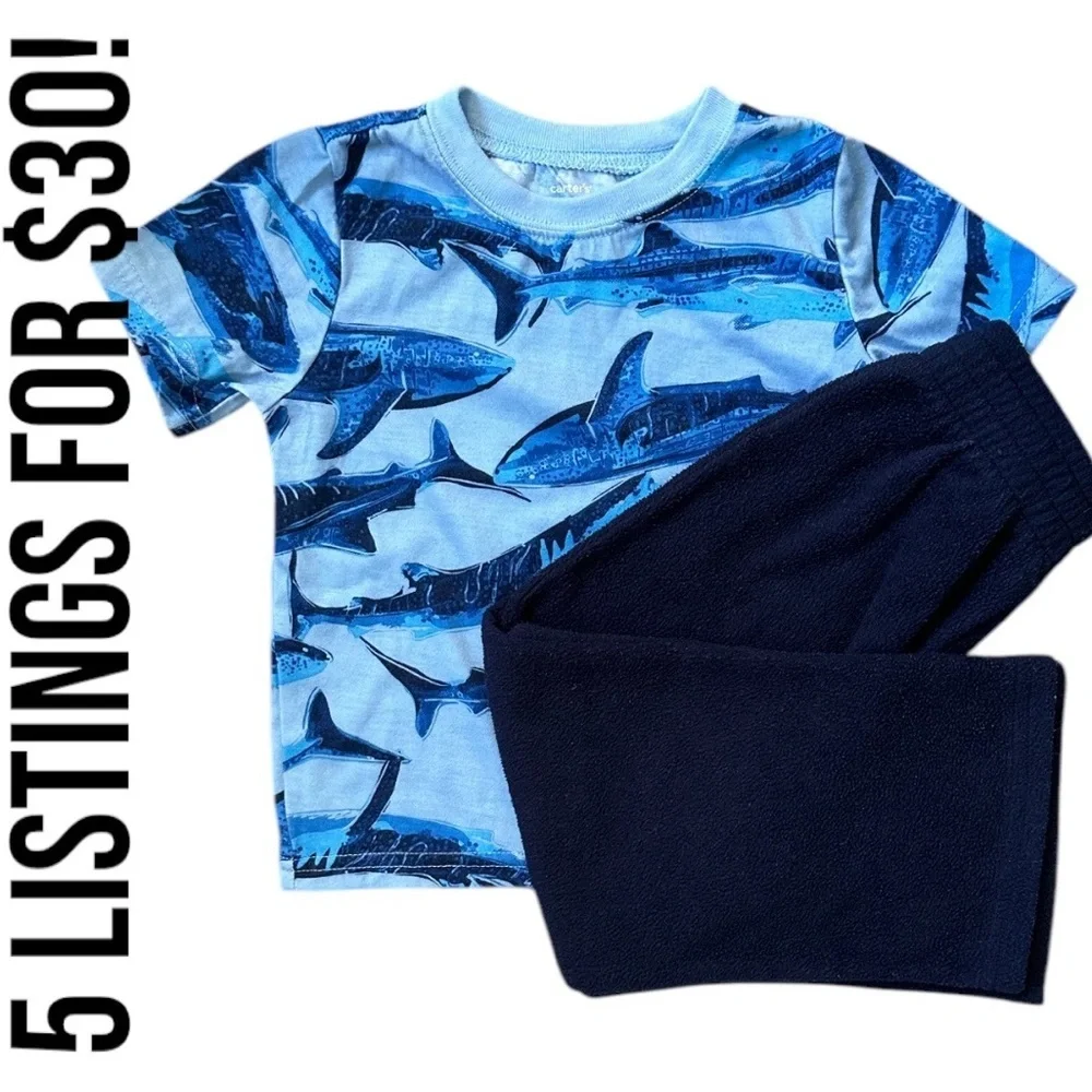 Toddler Boy Clothes Outfit Blue Shark T-Shirt + Fleece Pants Set Carters & Place